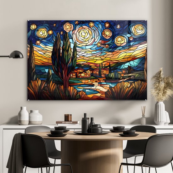 MuchoWow® Tableau sur verre 120x80 cm - Tableau sur verre acrylique - Ciel - Étoiles - Mosaïque - Maisons - Photo sur verre - Décoration murale salon - Décoration murale chambre - Peintures