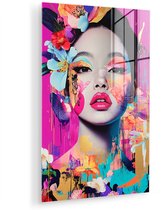 MuchoWow® Glasschilderij 20x30 cm - Schilderij acrylglas - Vrouw - Portret - Abstract - Paars - Foto op glas - Muurdecoratie woonkamer - Wanddecoratie slaapkamer - Schilderijen