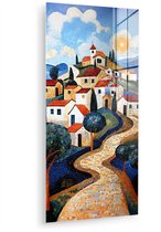 MuchoWow® Glasschilderij 20x40 cm - Schilderij acrylglas - Dorp - Heuvelachtig - Zon - Mozaïek - Foto op glas - Muurdecoratie woonkamer - Wanddecoratie slaapkamer - Schilderijen