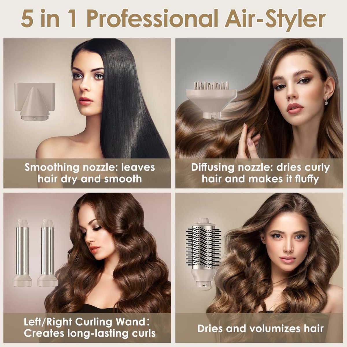 5-in-1 föhnborstel, 1000W airstyler, föhn, aircurler, - afbeelding 3