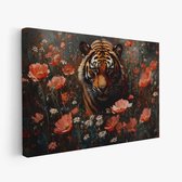 FineArtia - Tijger in bloemenveld - Canvas Schilderij - 150 x 100 cm - Woonkamer Decoratie - Bruin;Zwart - Slaapkamer Schilderij - Wanddecoratie