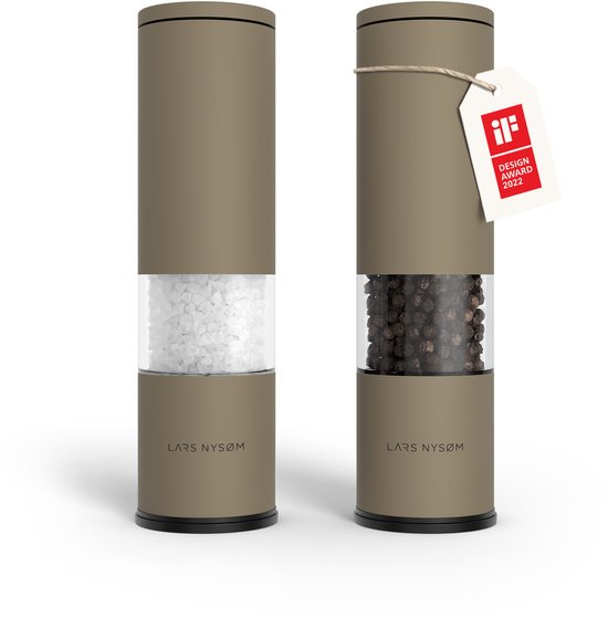 LARS NYSØM Lagom - Zout en Pepermolen Set (2 stuks) - Keramisch maalwerk met Instelbare Maalgraad - Roestvrijstaalen Zoutmolen Pepermolen (Taupe Brown)