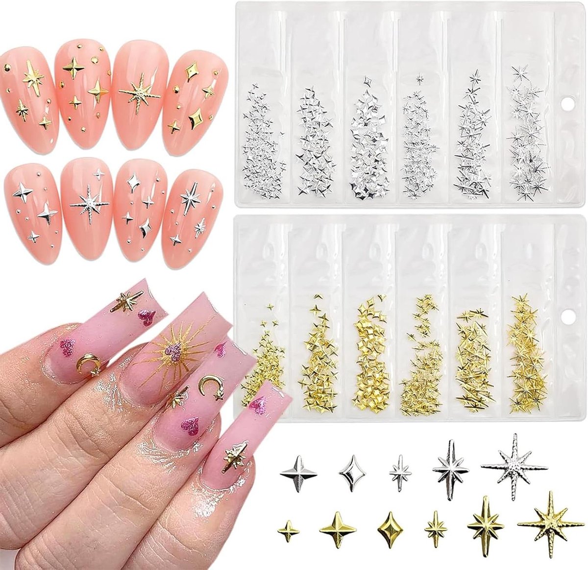3D Nagel Charm Set Met 400 Ster Glitters - Gouden en Zilveren Ontwerp Voor Nagelkunst - Gemakkelijk Aan te Brengen En Veilig Voor Alle Nageltypes