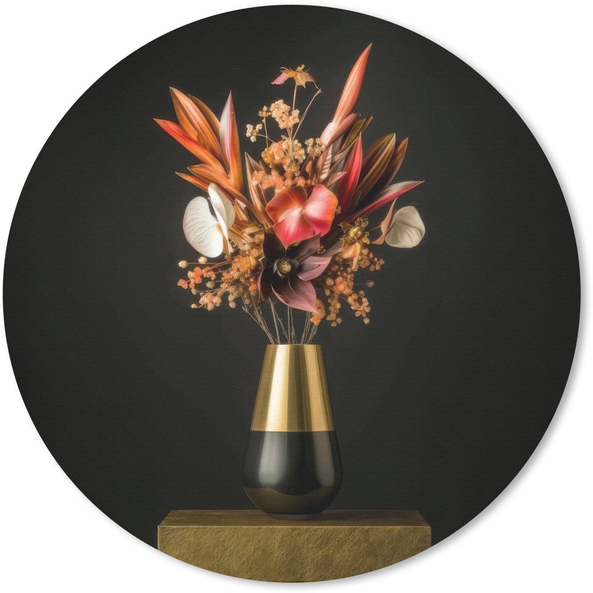 Muismat rond 20x20 cm - Mousepad Exotisch - Boeket - Vaas - Goud - Ronde muismatten