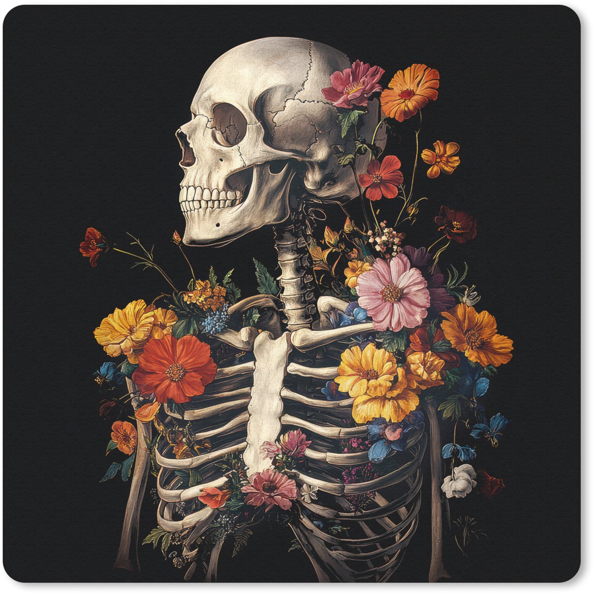 Muismat 20x20 cm - Mousepad Skelet - Bloemen - Schedel - Kleurrijk - Muismatten