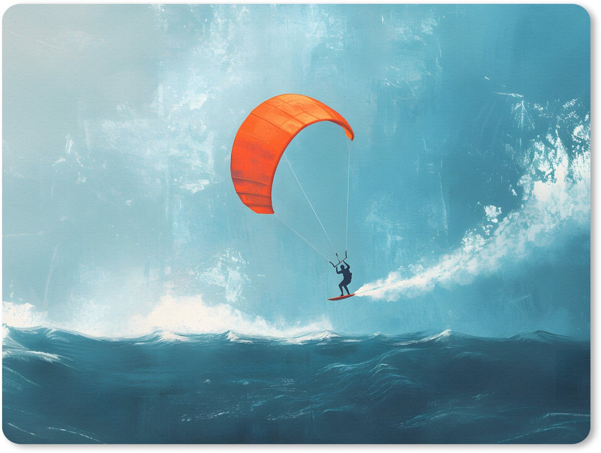 Muismat 23x19 cm - Mousepad Kitesurfer - Oranje - Zee - Lucht - Muismatten