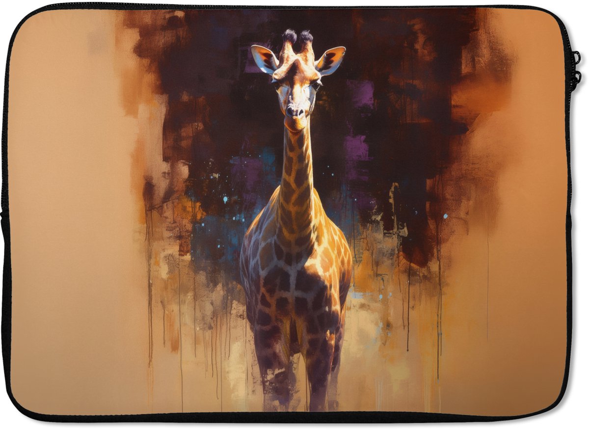 Laptophoes 13 inch - Giraf - Bruin - Abstract - Geschilderd - Laptop sleeve - Binnenmaat 32x22,5 cm - Zwarte achterkant