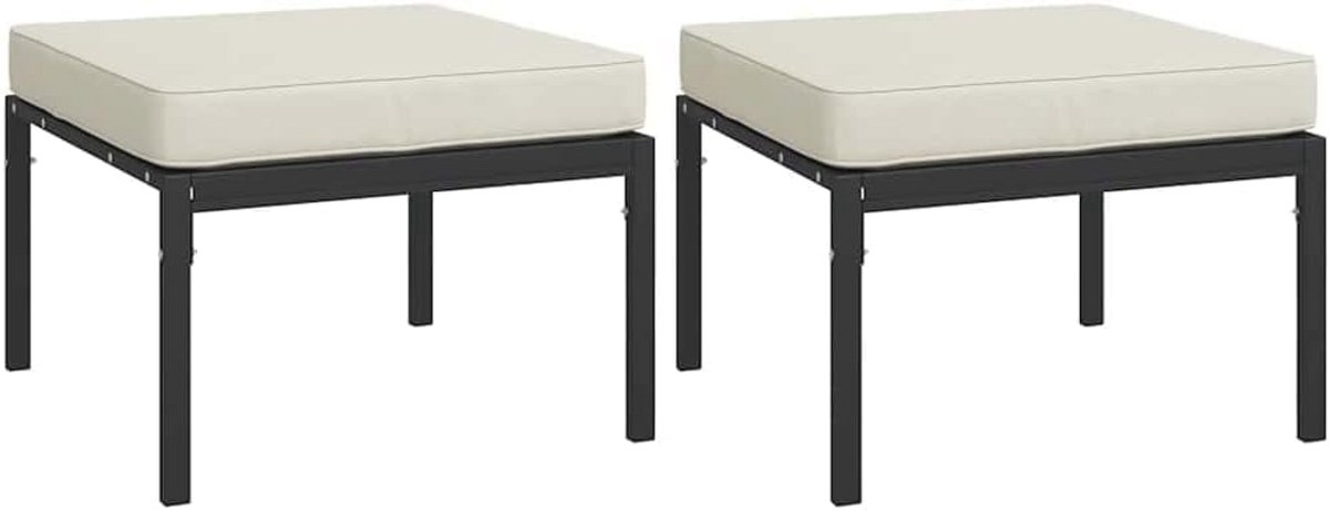 Tuinvoetenbanken met zandkleur kussens - 2 stuks - 60x60x35 cm - Stalen poef en voetensteun voor tuin en terras
