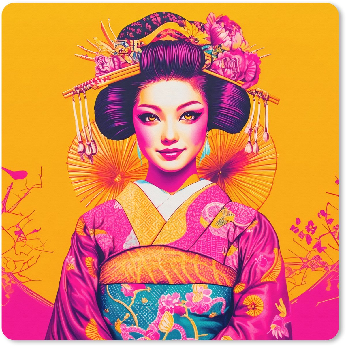 Muismat XXL 50x50 cm - Bureau onderlegger - Bureau mat Bloemen - Vrouw - Kimono - Roze - Bureaumat - Gaming mousepad xl - Bureaulegger groot - Computer deskmat