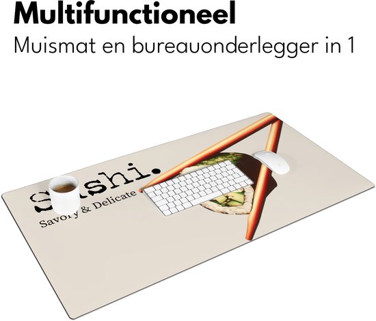 Bureau onderlegger 90x45 cm - Muismat Sushi - Zalm - Rijst - Japans - Bureaumat - Mousepad XXL - Bureau mat - Muismatten groot - Desk organizer - Bureaulegger