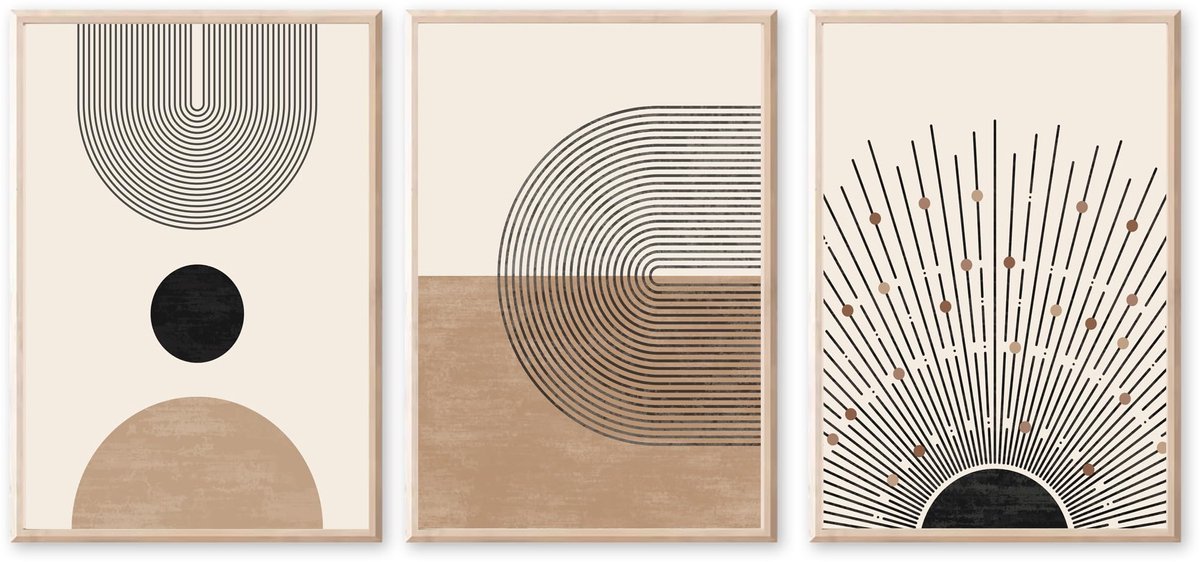 Ibenzoa Set van 3 Abstracte Kunstposters voor Moderne Interieurdecoratie in Woonkamer en Slaapkamer, Zonder Lijst, 50 x 70 cm beige