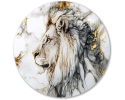 Abstracte leeuw met gouden accenten - Leeuw schilderij rond - Ronde wanddecoratie dieren - Lijntekening - Design wandcirkel aluminium - Wanddecoratie…
