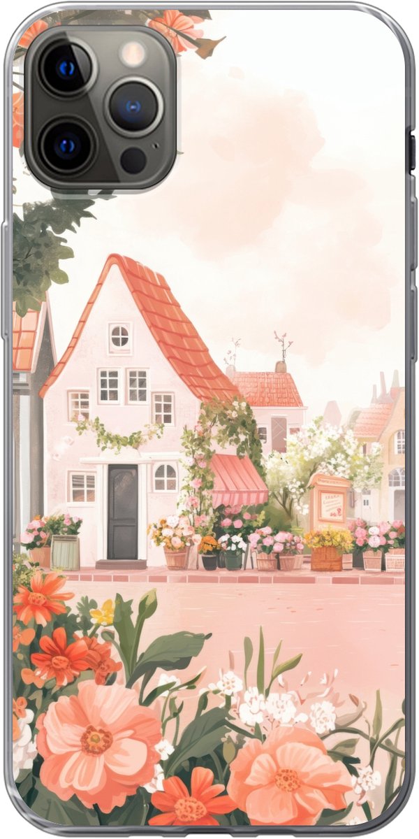 Telefoonhoesje Geschikt voor iPhone 12 Pro Max hoesje - Bloemen - Huizen - Dorp - Siliconen Telefoonhoesje Telefoonhoesje
