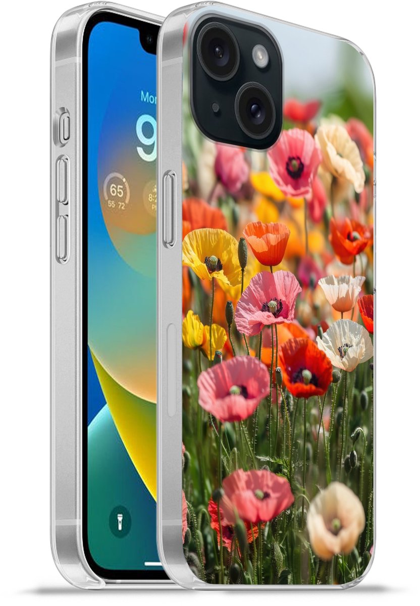 Telefoonhoesje Geschikt voor iPhone 15 hoesje - Bloemenveld - Klaprozen - Kleurrijk - Siliconen Telefoonhoesje Telefoonhoesje