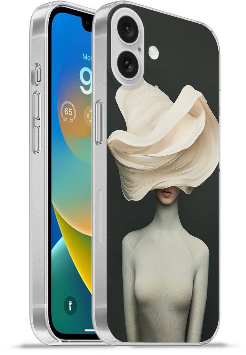 Telefoonhoesje Geschikt voor Apple Iphone 16 Plus hoesje - Vrouw - Beige - hoed - Siliconen Telefoonhoesje Telefoonhoesje