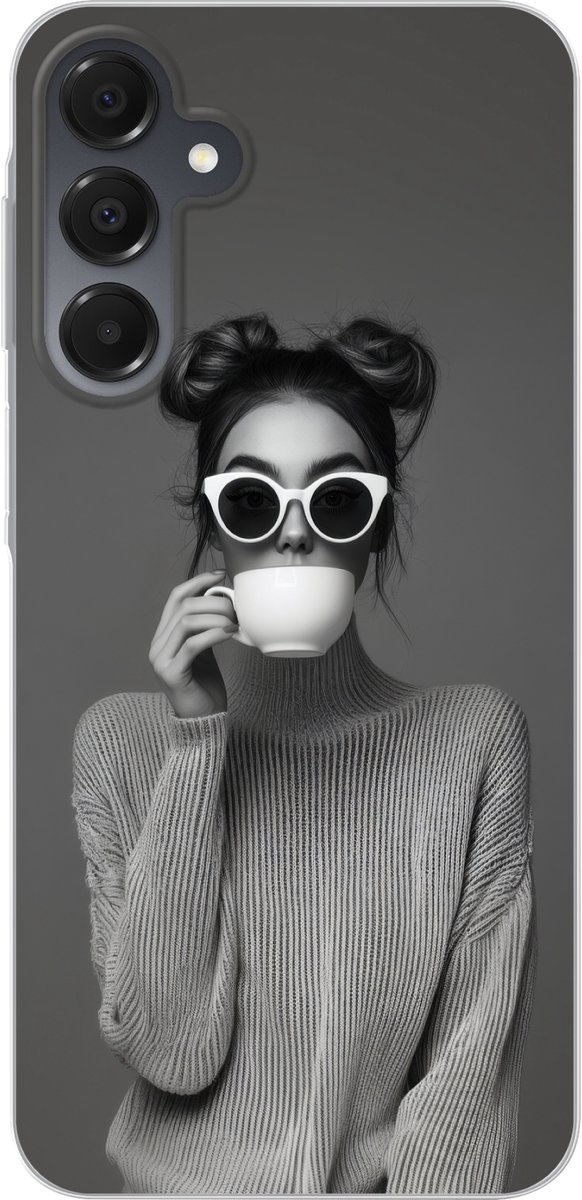 Telefoonhoesje Geschikt voor Samsung Galaxy A16 5G hoesje - Vrouw - Koffie - Zwart - Wit - Siliconen Telefoonhoesje Telefoonhoesje