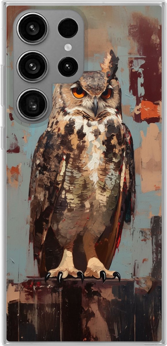 Telefoonhoesje Geschikt voor Samsung Galaxy S23 Ultra hoesje - Geschilderd - Abstract - Uil - Bruin - Siliconen Telefoonhoesje Telefoonhoesje