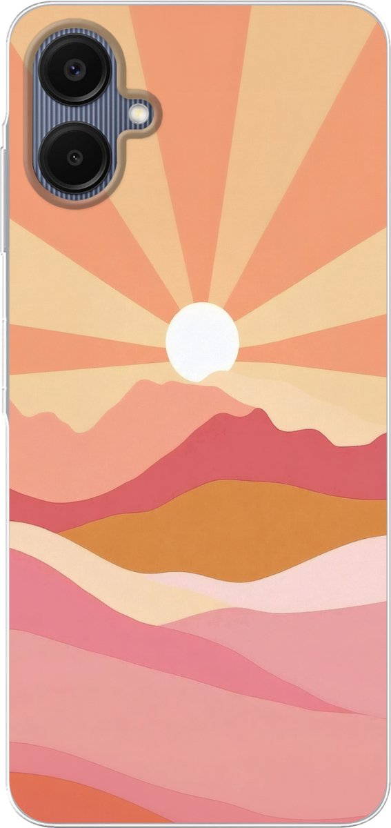 Telefoonhoesje Geschikt voor Samsung Galaxy A06 hoesje - Bergen - Abstract - Zonnestralen - Roze - Siliconen Telefoonhoesje Telefoonhoesje