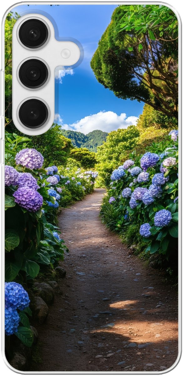 Telefoonhoesje Geschikt voor Samsung Galaxy S25 Plus hoesje - Hortsensia - Pad - Bloemen - Siliconen Telefoonhoesje Telefoonhoesje