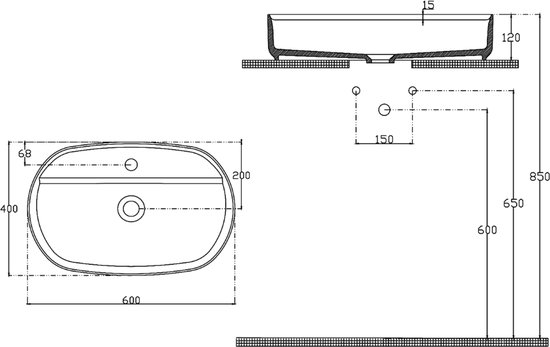 Technische tekening van een roze ovale wastafel met afmetingen.