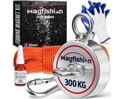 Magfishion Dubbelzijdige Magneetvissen Set 300 KG - Vismagneet - 20 Meter Lang Touw + Karabijnhaak met Schroefsluiting - Handschoenen - Borgmiddel - Magneetvissen Starterspakket - Magneet Vissen - Outdoor - Magneetvissen Kinderen