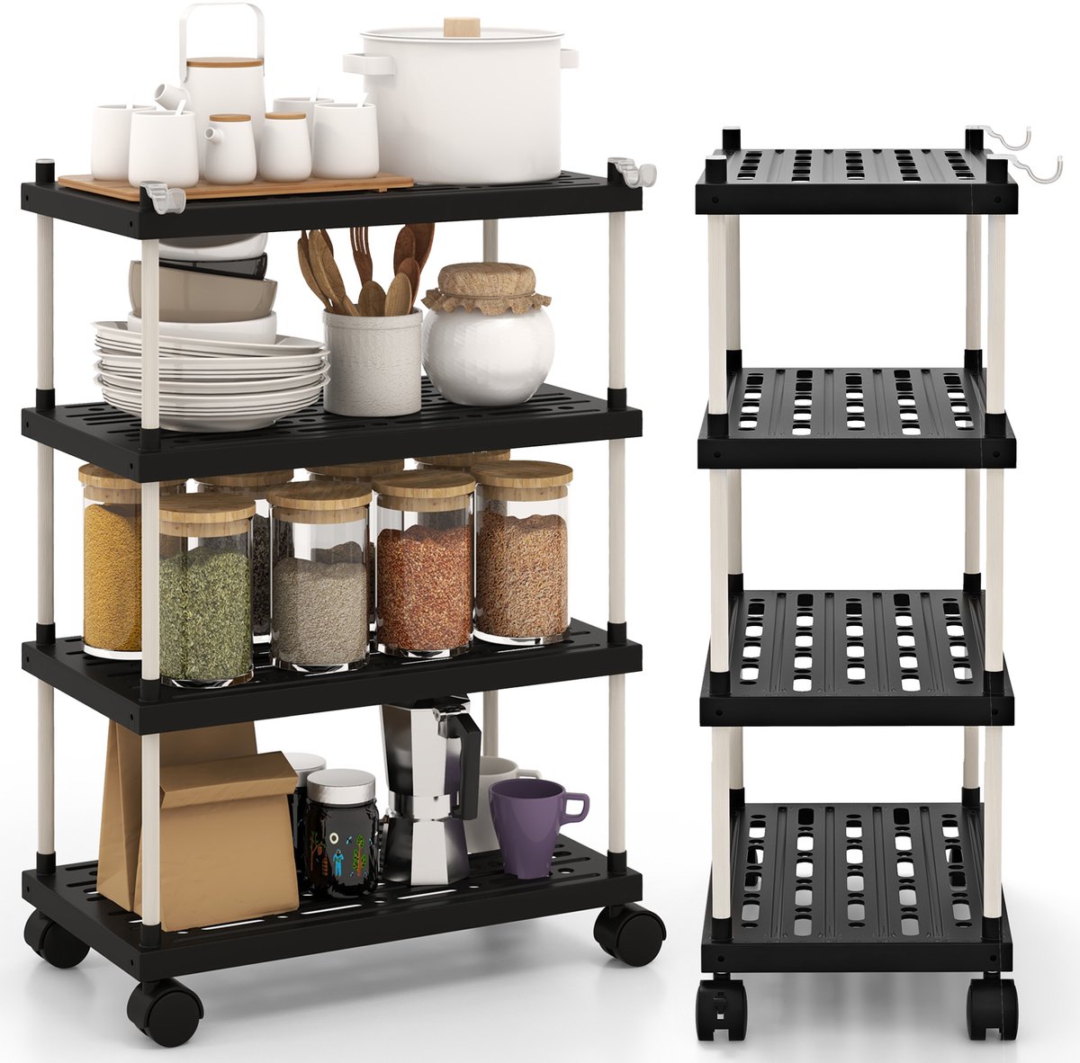 COSTWAY Rolwagen met 4 niveaus, nisrek met wielen en zijhaken, multifunctionele wagen, keukenwagen, serveerwagen, opbergwagen voor keuken, badkamer, 40 x 21 x 59,5 cm