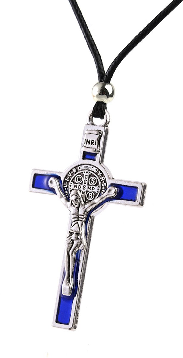 Decopatent - Ketting met Hanger Kruisje Benedictus - Metaal - Kruis van Heilige Sint-Benedictus - Kruishanger - Kruis Hanger Koord Halsketting - Gothic cross - Afm kruis: 3x5 Cm - Kleur: Blauw