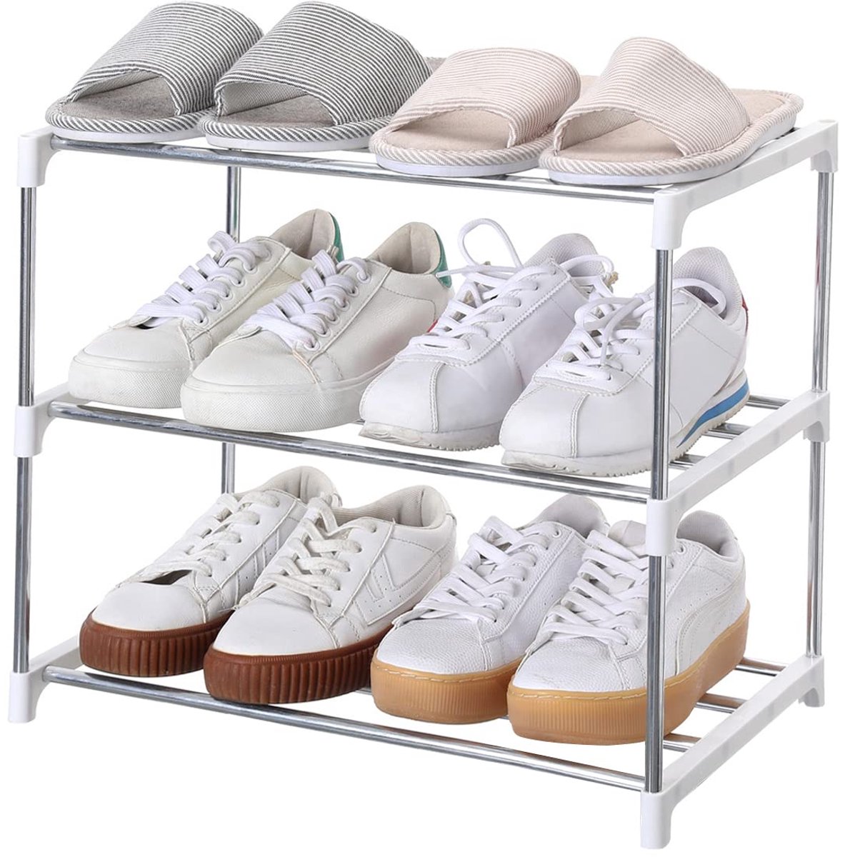 Unyqoos ® Handig en Ruimtebesparend Schoenenrek voor Entree, Hal en Kast met Drie Niveaus in Wit