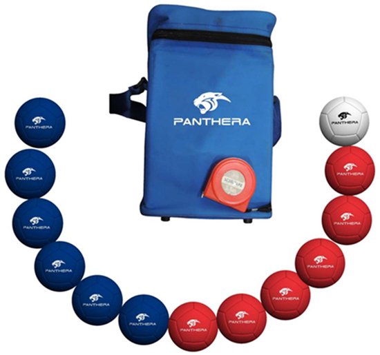Panthera bocciaset met zes blauwe en zes rode ballen, een witte bal en een blauwe tas.