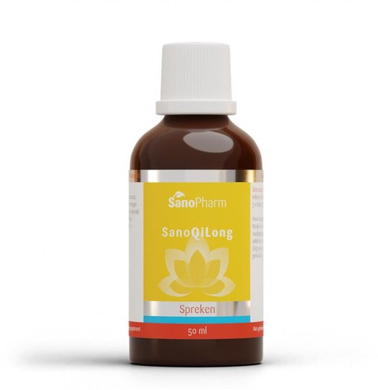 Bruine glazen fles SanoPharm SanoQiLong met witte dop. Label met gele en oranje cirkels, lotusbloem, tekst 'Spreken' en '50 ml'.