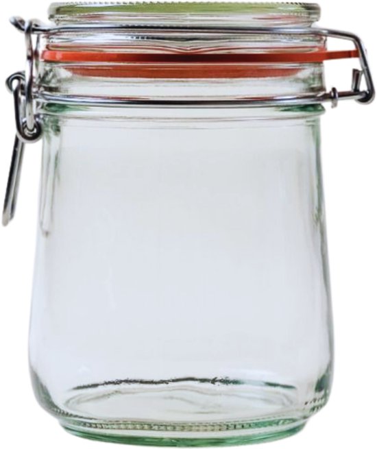 Glazen weckpot van 800ml met rode rubberen ring en zilverkleurige beugelsluiting.