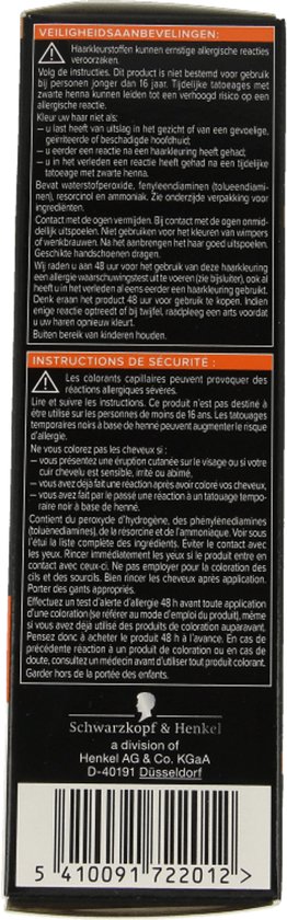 Veiligheidsinstructies en ingrediëntenlijst voor haarkleuring.