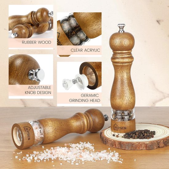 DeroTeno Zout en Pepermolen Set met Molen Plateau, Verstelbare Keramische Zoutmolen en Pepermolen, Roestvrij Stalen Molen, Acacia Hout, 27 cm Hoogte, Bodem Diameter 6 cm