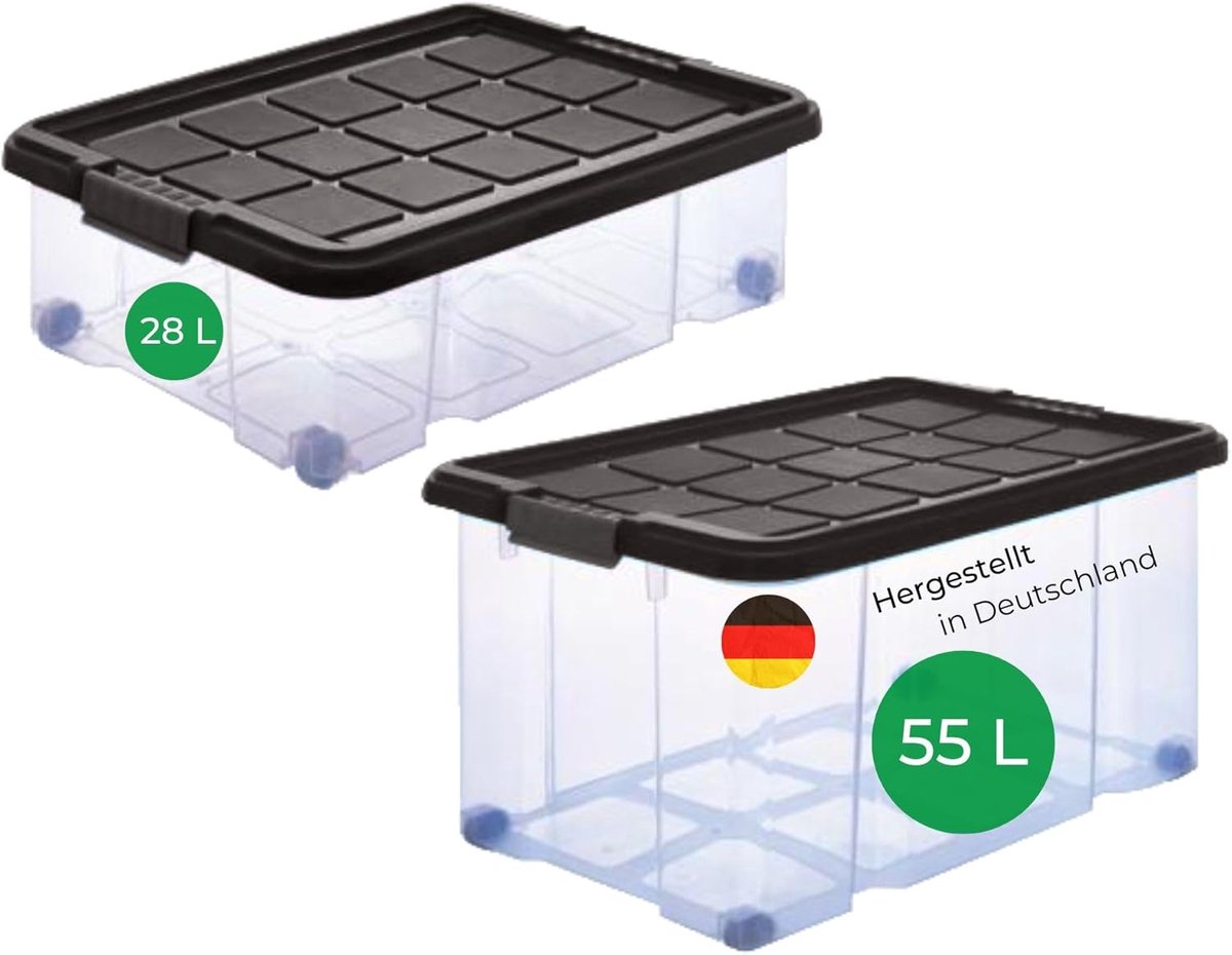 Novaliv 2-delige voordeelset opbergdoos met deksel antraciet 1x 55 L + 1x 28 L nestbaar stapelbaar clipsluiting rolboxen BPA-vrij