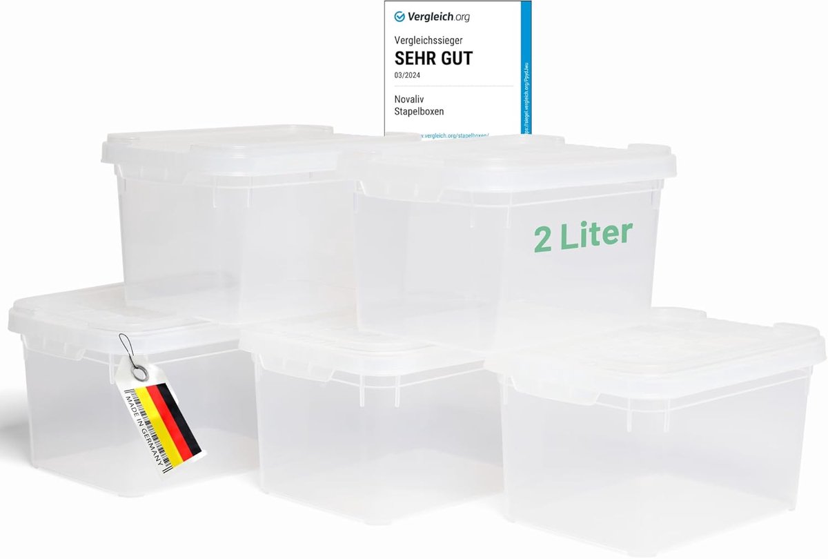 Novaliv 5x opbergdozen met deksel klein 2 L transparant nestbaar stapelbaar kunststof dozen met clipsluiting kunststof BPA-vrij 19 x 14 x 11 cm