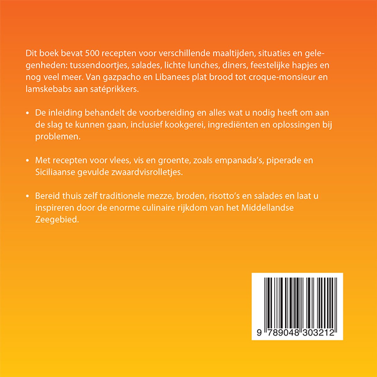 Achterkant boek '500 mediterrane gerechten' met tekst en barcode.