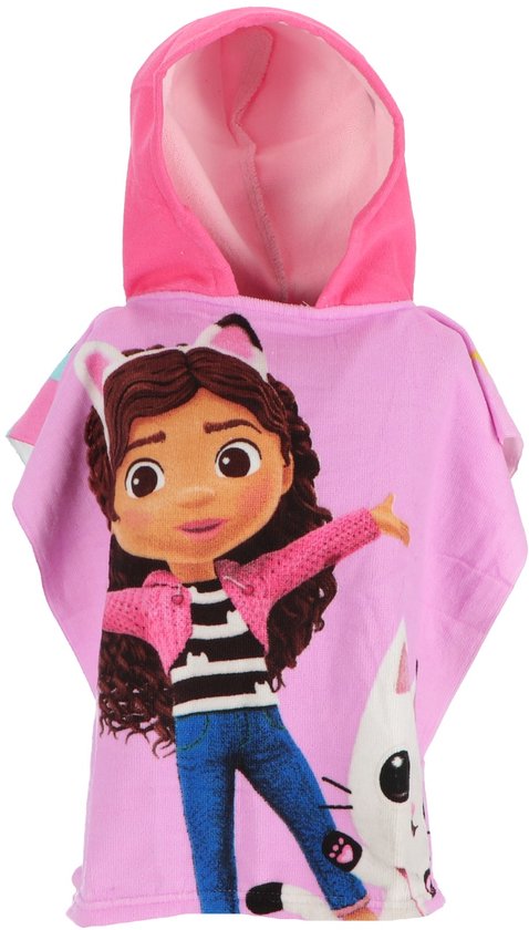 Roze poncho met Gabby en Pandy Poes op de voorkant. Met capuchon en kattenoortjes.