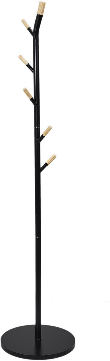 Home Deco Factory Kapstok - zwart - metaal/hout - 6 haken - 175 cm - staand