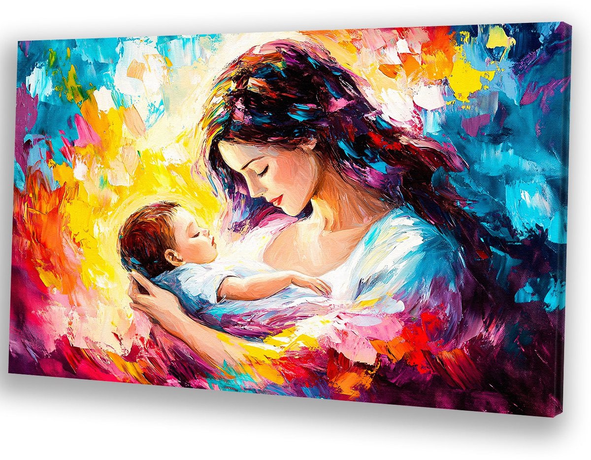 Moeder met baby in kleur - Moederliefde schilderij op canvas - Canvas schilderij moeder -
