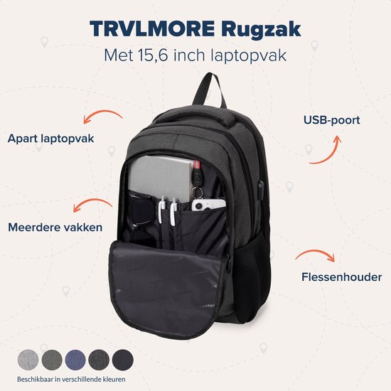 Donkere rugzak met apart laptopvak, USB-poort, flessenhouder en diverse vakken. Beschikbaar in meerdere kleuren.