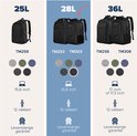 Overzicht van TRVLMORE rugzakken met 25L, 28L en 36L opties, in diverse kleuren.