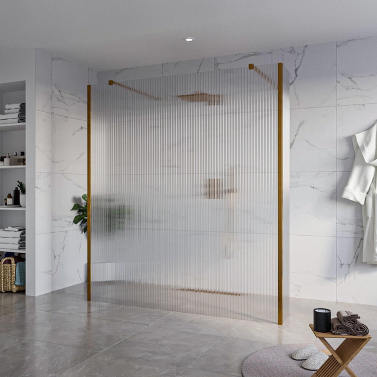 FugaFlow Eccelente Vetro Vrijstaande inloopdouche badkamer - 180x200cm - Helder geribbeld - antikalk - 8mm veiligheidsglas - 2 zijwanden 40cm - met wandarmen en hoekprofielen - Koper geborsteld -