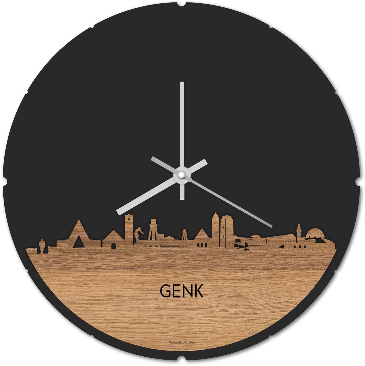 Skyline Klok Rond Genk Eikenhout - Ø 44 cm - Stil uurwerk - Wanddecoratie - Meer steden beschikbaar - Woonkamer idee - Woondecoratie - City Art - Steden kunst - Cadeau voor hem - Cadeau voor haar - Jubileum - Trouwerij - Housewarming - WoodWideCities