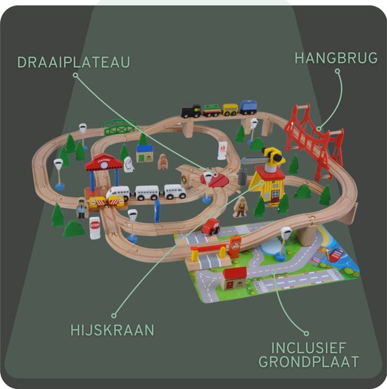 Uitgebreide houten treinbaan met draaiplateau, hijskraan, hangbrug en grondplaat.