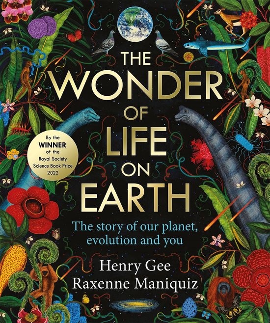 Boek "The Wonder of Life on Earth" met illustraties van planten, dieren, dinosaurussen, de aarde en de tekst "The Wonder of Life on Earth".