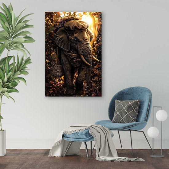 Elegante olifant in herfstbos - Olifant posters - Muurdecoratie bos - Hyperrealisme - Wanddecoratie modern - Woondecoratie - poster 50x70 cm