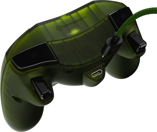 Onderkant van transparant groene Xbox controller met Hyperkin logo en groene kabel.