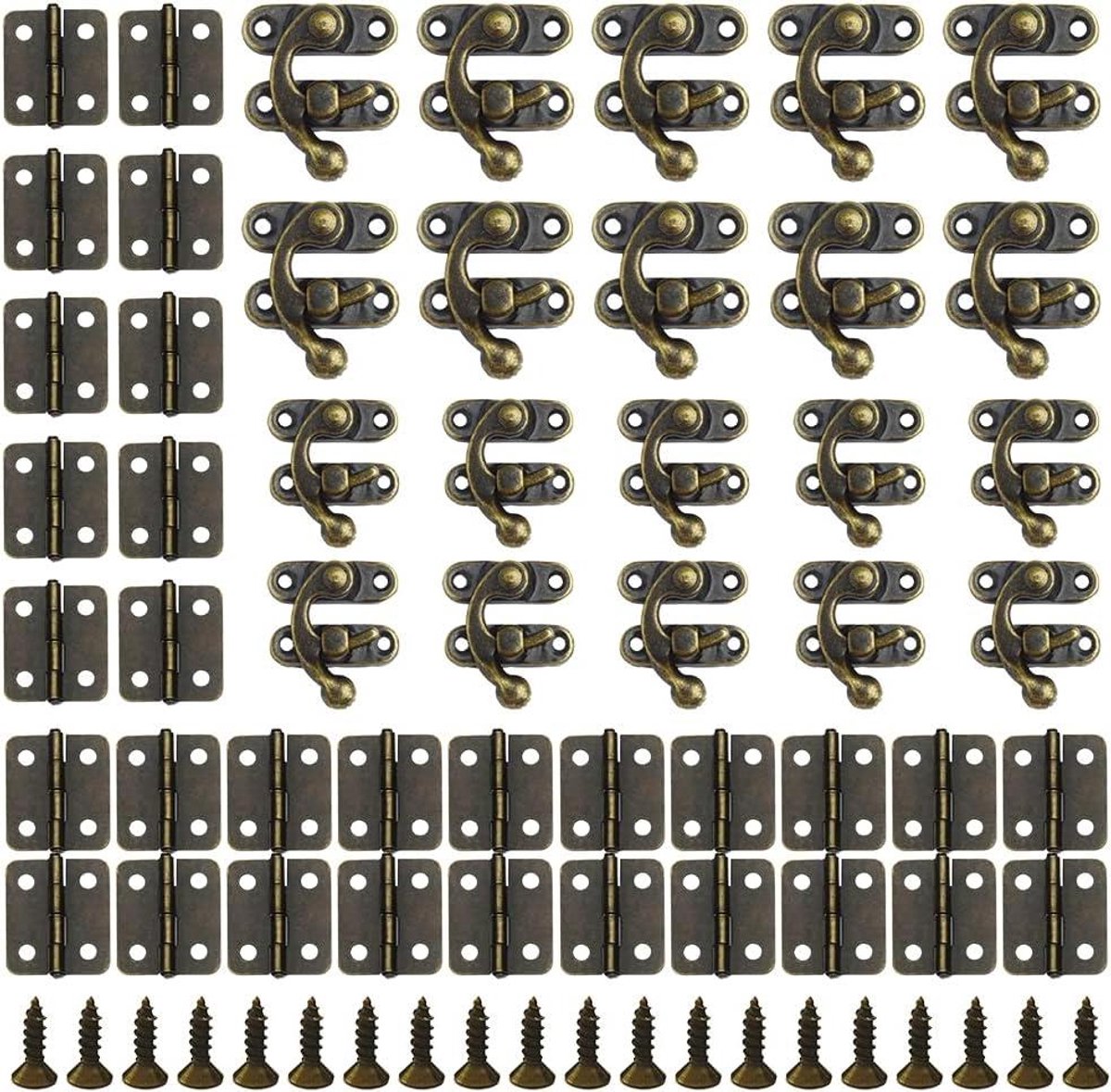 Set van 20 antieke vintage barrelhaken met snelsluiting en mini-klapscharnieren inclusief schroeven, ideaal voor het vergrendelen van houten kisten en doe-het-zelf decoratie