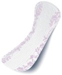 Een witte TENA Discreet ultra mini inlegger met een paars bloemenpatroon.