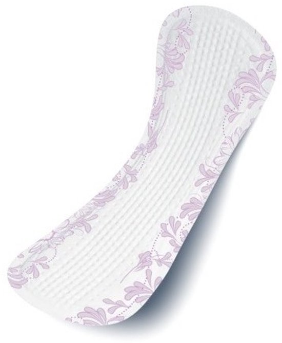 Een witte TENA Discreet ultra mini inlegger met een paars bloemenpatroon.